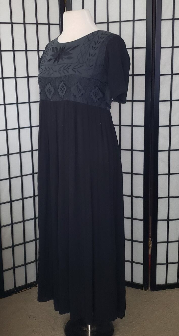 Vintage 90s Black Rayon Maxi Dress Embroidered Yoke India Boho Goth S